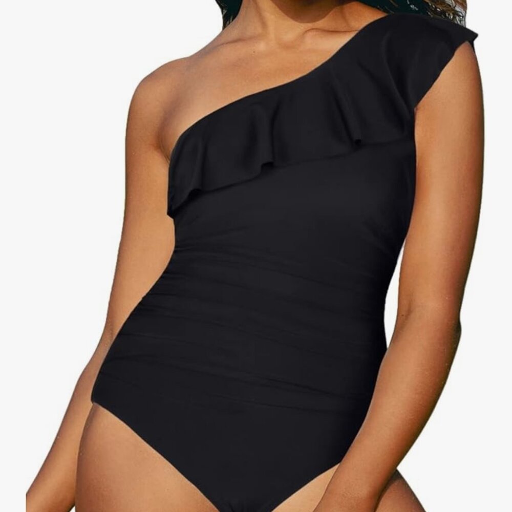 Hilor 1-piece. Ruffled 1-shoulder. Size 18. Black. Ruffle Trim.